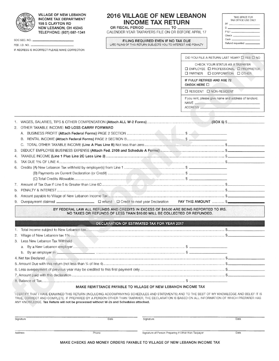 Village Of New Lebranon Tax Return Form 2016 printable pdf download