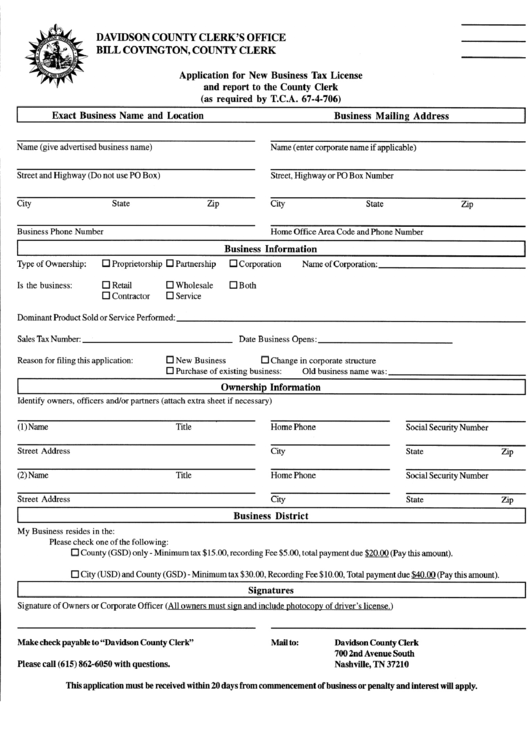 Application For New Business Tax License And Report To The County Clerk Form - Davidson County Printable pdf