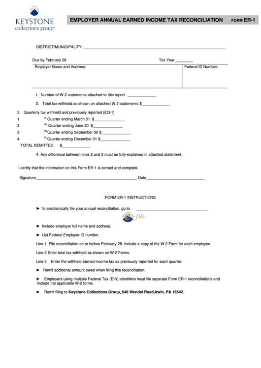 Fillable Form Er-1 - Employer Annual Earned Income Tax Reconciliation Printable pdf
