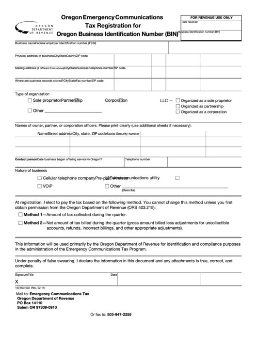 Fillable Oregon Emergency Communications Tax Registration For Oregon Business Identification Number Form Printable pdf