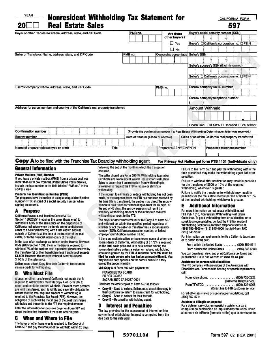 Form 597 - Nonresident Withholding Tax Statement For Real Estate Sales