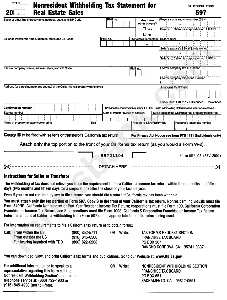 Form 597 - Nonresident Withholding Tax Statement For Real Estate Sales
