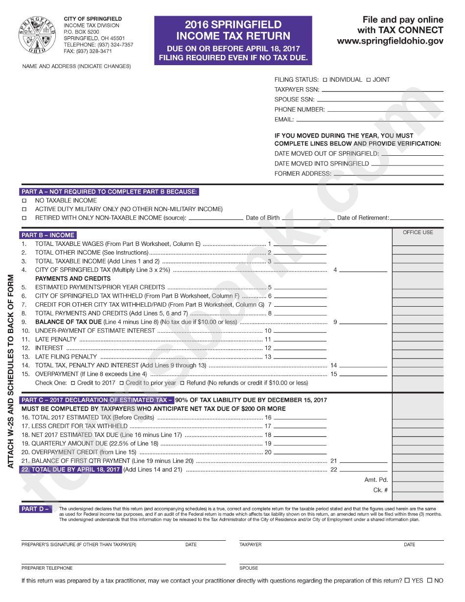 Springfield Income Tax Return Form - 2016