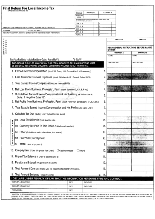 Final Return For Local Income Tax Template Printable pdf