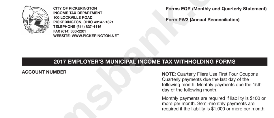 Forms Eqr; Form Pw3 - Employers Municipal Income Tax Withholding Forms - 2017