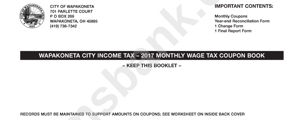 Wapakoneta City Income Tax - Quartetly Wage Tax Coupon Book - 2017