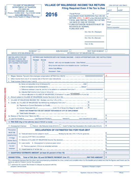 Village Of Walbridge Income Tax Return Form - 2016 Printable pdf