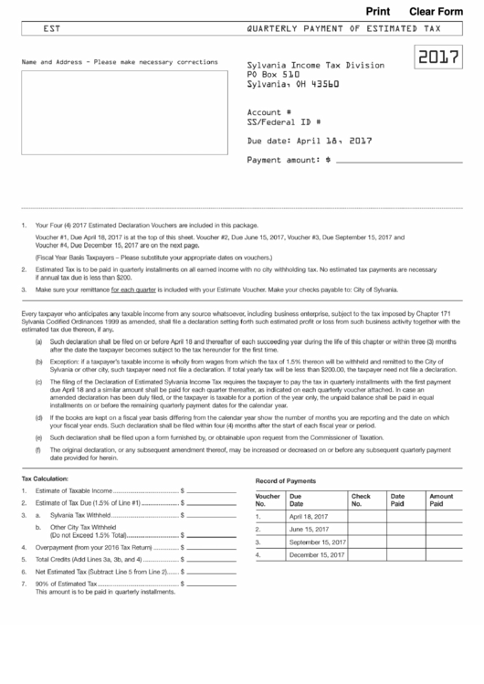 Fillable Qurterly Payment Of Estimated Tax Form printable pdf download