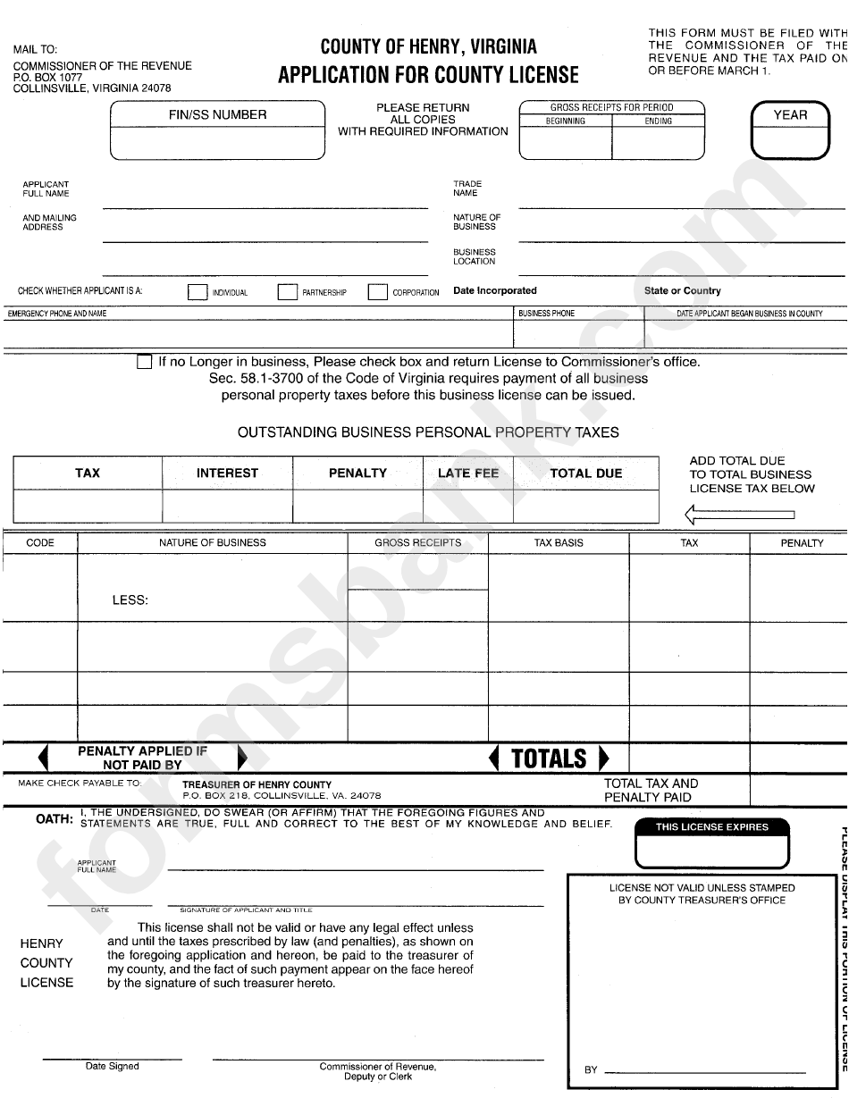 Application For County License Form - County Of Henry