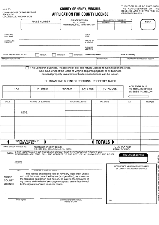 Application For County License Form - County Of Henry Printable pdf