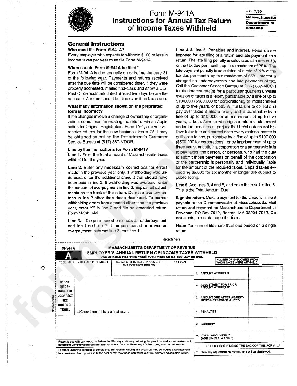 Form M-941a - Instructions For Annual Ezx Return Of Income Taxes Withheld - 1999