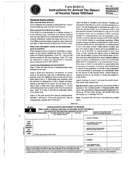 Form M-941a - Instructions For Annual Ezx Return Of Income Taxes Withheld - 1999 Printable pdf