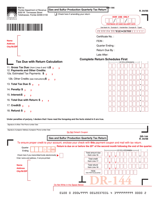 Form Dr-144 - Gas And Sulfur Production Quarterly Tax Return Form - Florida Department Of Revenue Printable pdf