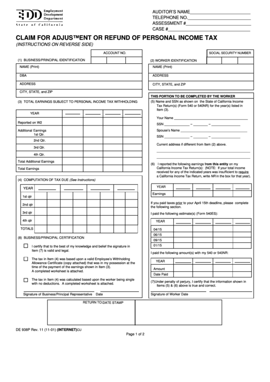 Form De 938p - Claim For Adjustment Or Refund Of Personal Income Tax Printable pdf
