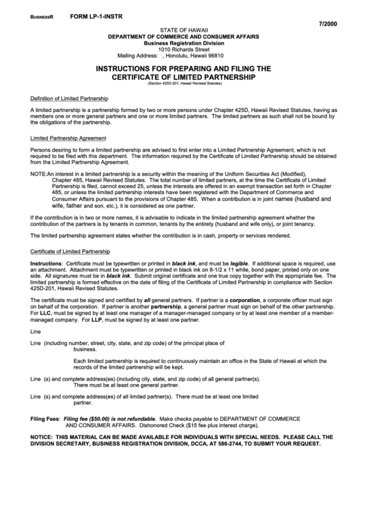 Form Lp-1-Instr - Instructions For Preparing And Filing The Certificate Of Limited Partnership - Department Of Commerce And Consumer Affairs Printable pdf