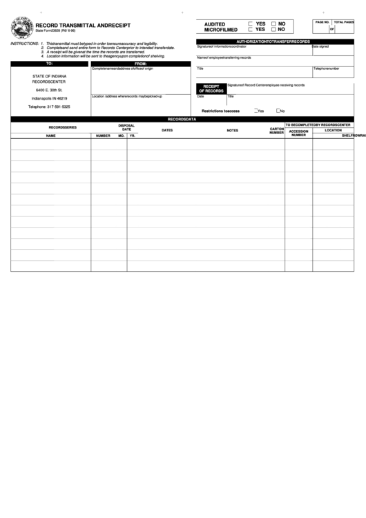 Fillable State Form 23628 - Record Transmittal And Receipt - Records Center Of State Of Indiana Printable pdf