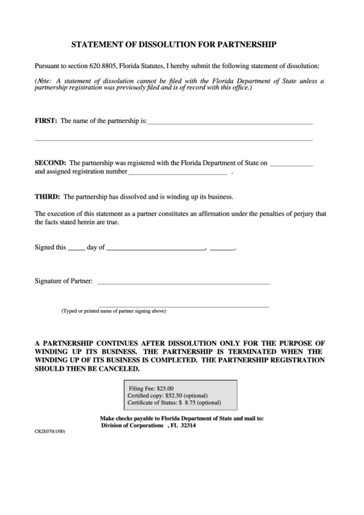 Form Cr2e070 - Statement Of Dissolution For Partnership Printable pdf