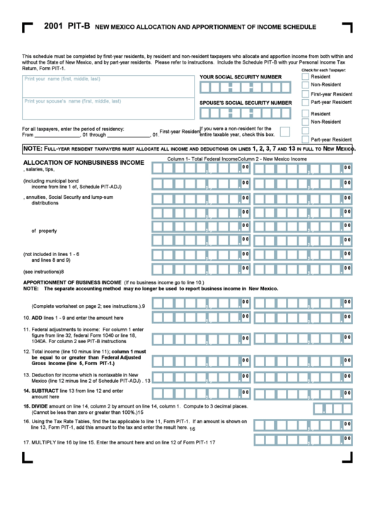 Form Pit-B - New Mexico Allocation And Apportionment Of Income Schedule - 2001 Printable pdf