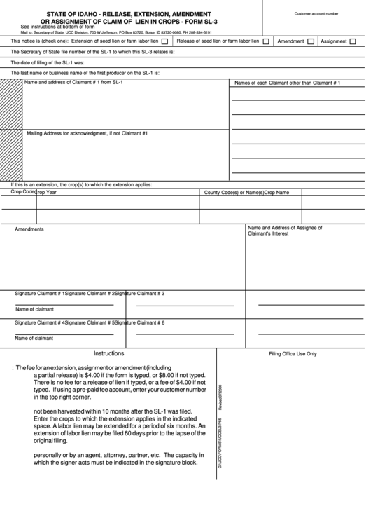 Form Sl-3 - Release, Extension, Amendment Or Assignment Of Claim Of Lien In Crops - Secretary Of State Of Idaho Printable pdf