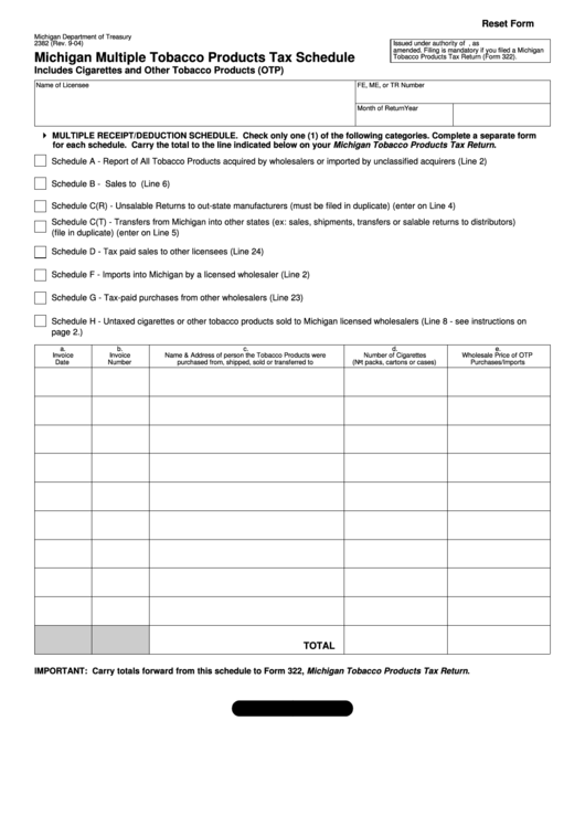 Fillable Form 2382 - Michigan Multiple Tobacco Products Tax Schedul Printable pdf