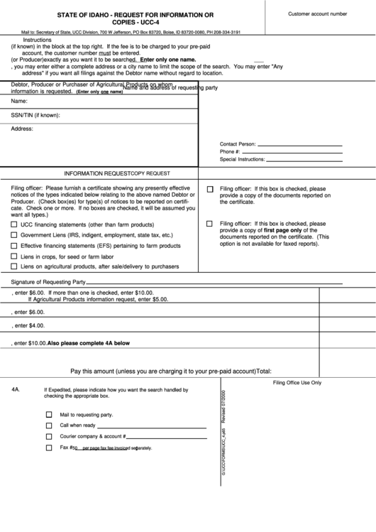 Form Ucc-4 - Request For Information Or Copies - Secretary Of State Of Idaho Printable pdf