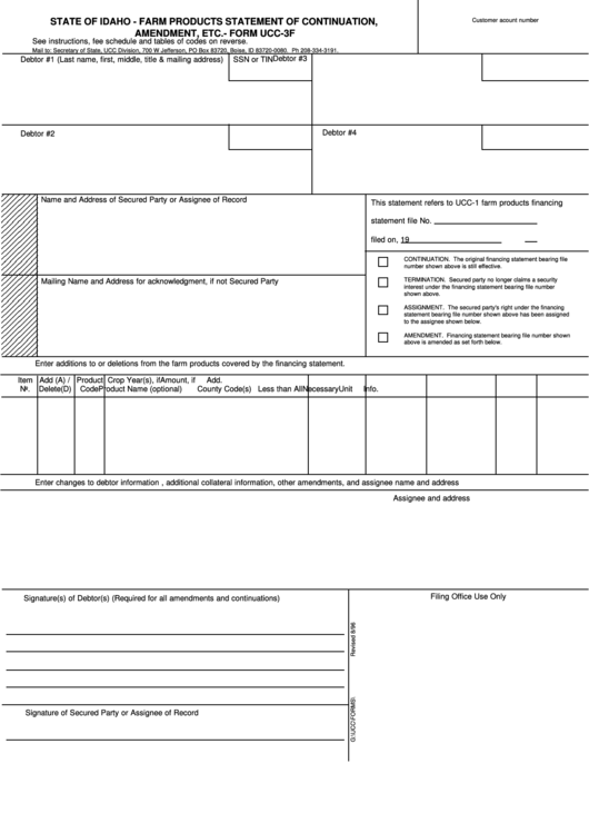 Form Ucc-3f - Farm Products Statement Of Continuation, Amendment, Etc - Secretary Of State Of Idaho Printable pdf