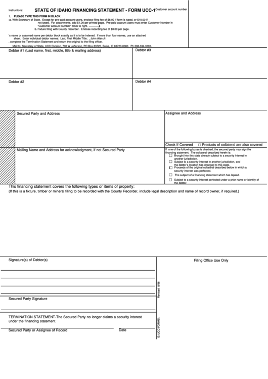 Form Ucc-1 - State Of Idaho Financing Statement - Secretary Of State Of Idaho Printable pdf