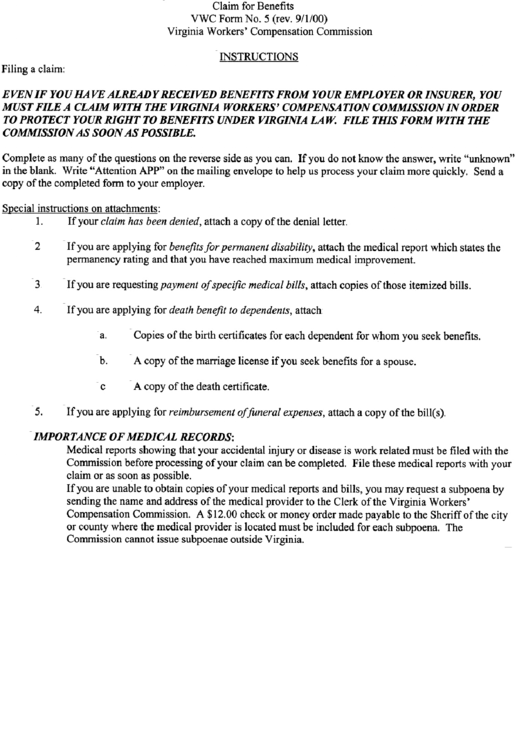 Claim For Benefits Instructions Form Printable pdf