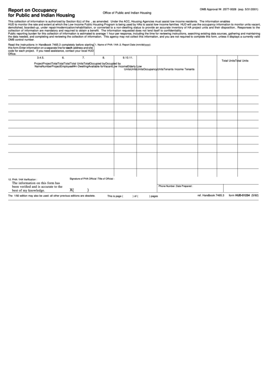 Form Hud-51234 - Report On Occupancy For Public And Indian Housing - U.s. Department Of Housing And Urban Development Printable pdf