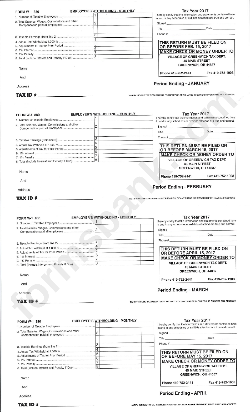 Form W-1 880 - Employers Withholding - Monthly Form