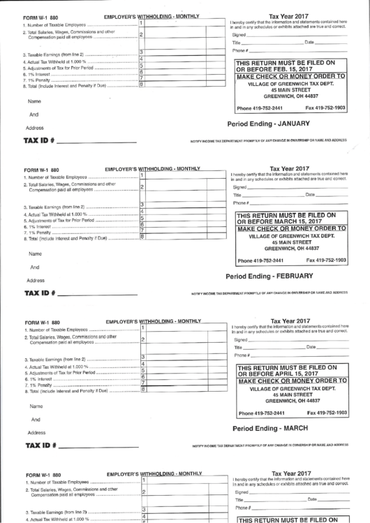 Form W-1 880 - Employers Withholding - Monthly Form Printable pdf