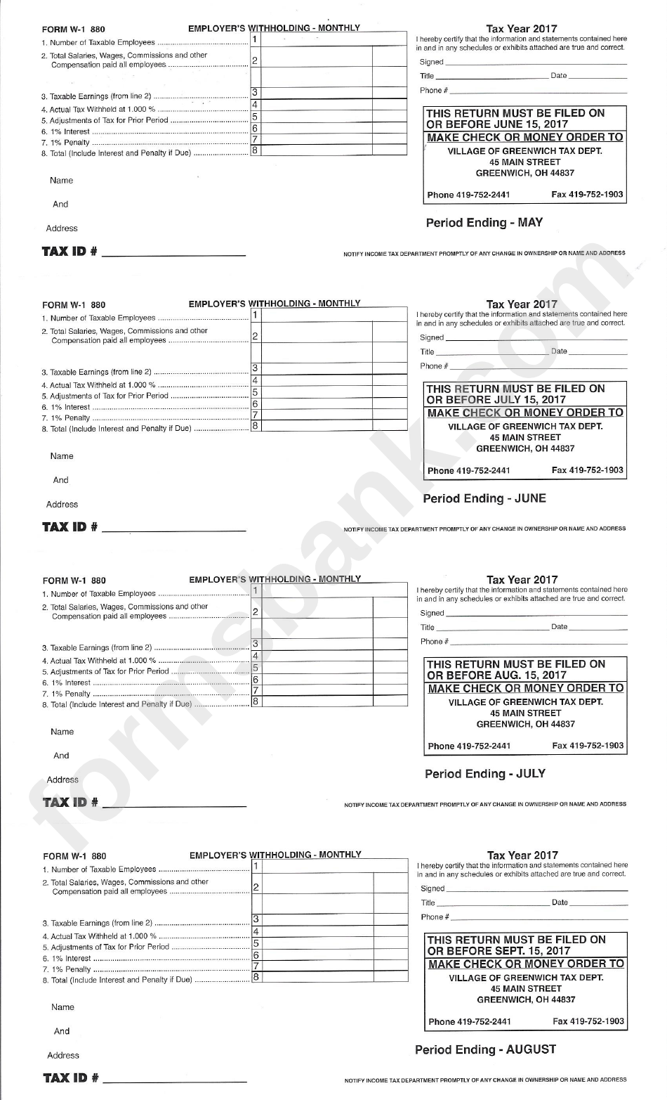 Form W-1 880 - Employers Withholding - Monthly Form