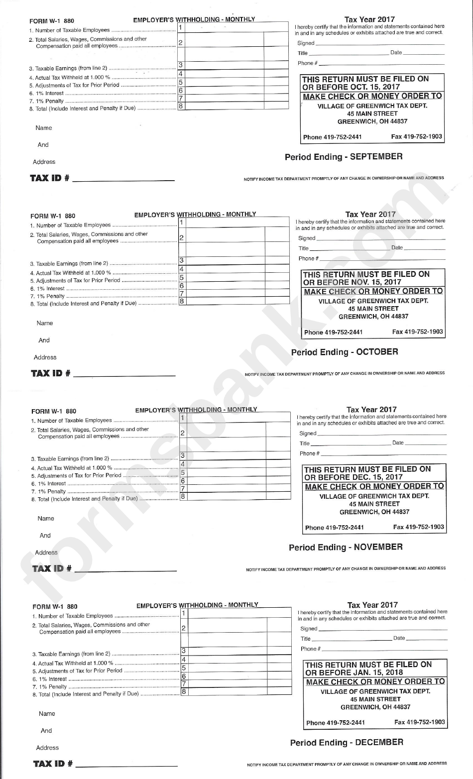 Form W-1 880 - Employers Withholding - Monthly Form