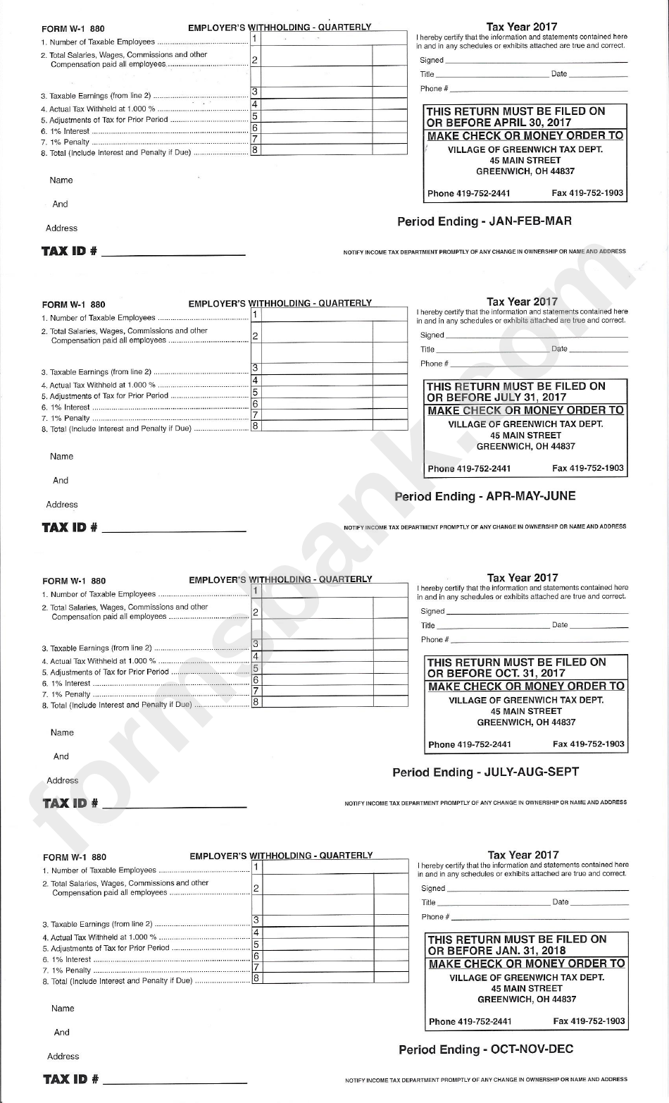 Form W-1 880 - Employers Withholding - Monthly Form