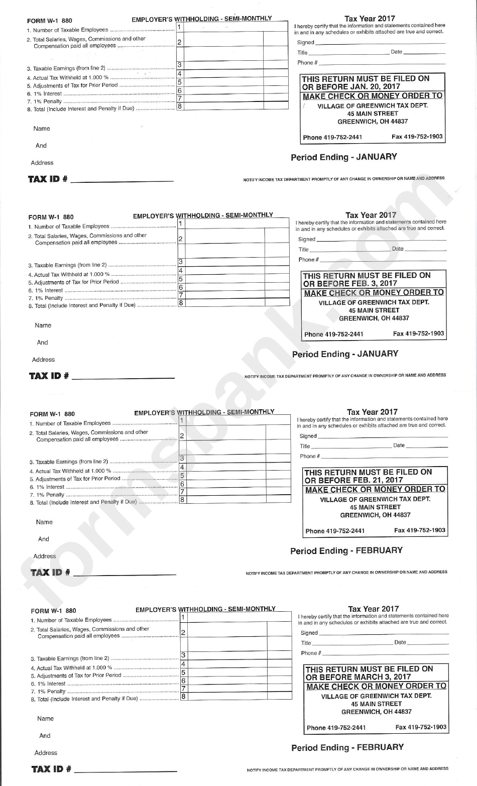 Form W-1 880 - Employers Withholding - Monthly Form