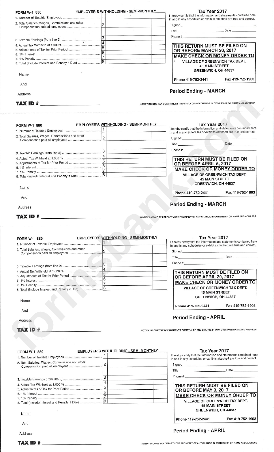 Form W-1 880 - Employers Withholding - Monthly Form