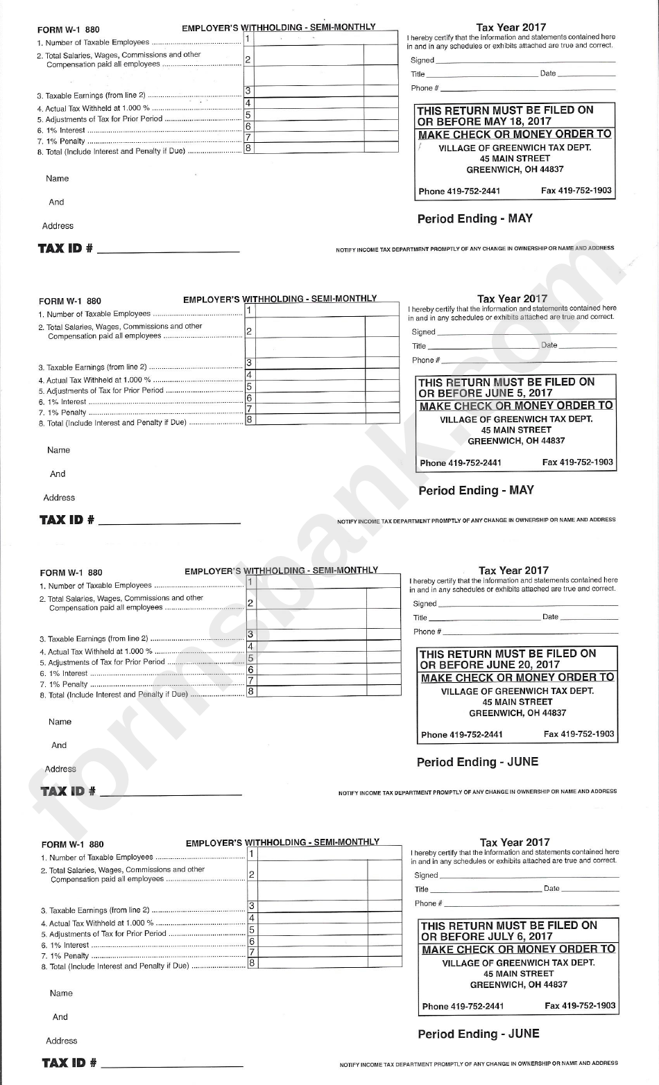 Form W-1 880 - Employers Withholding - Monthly Form