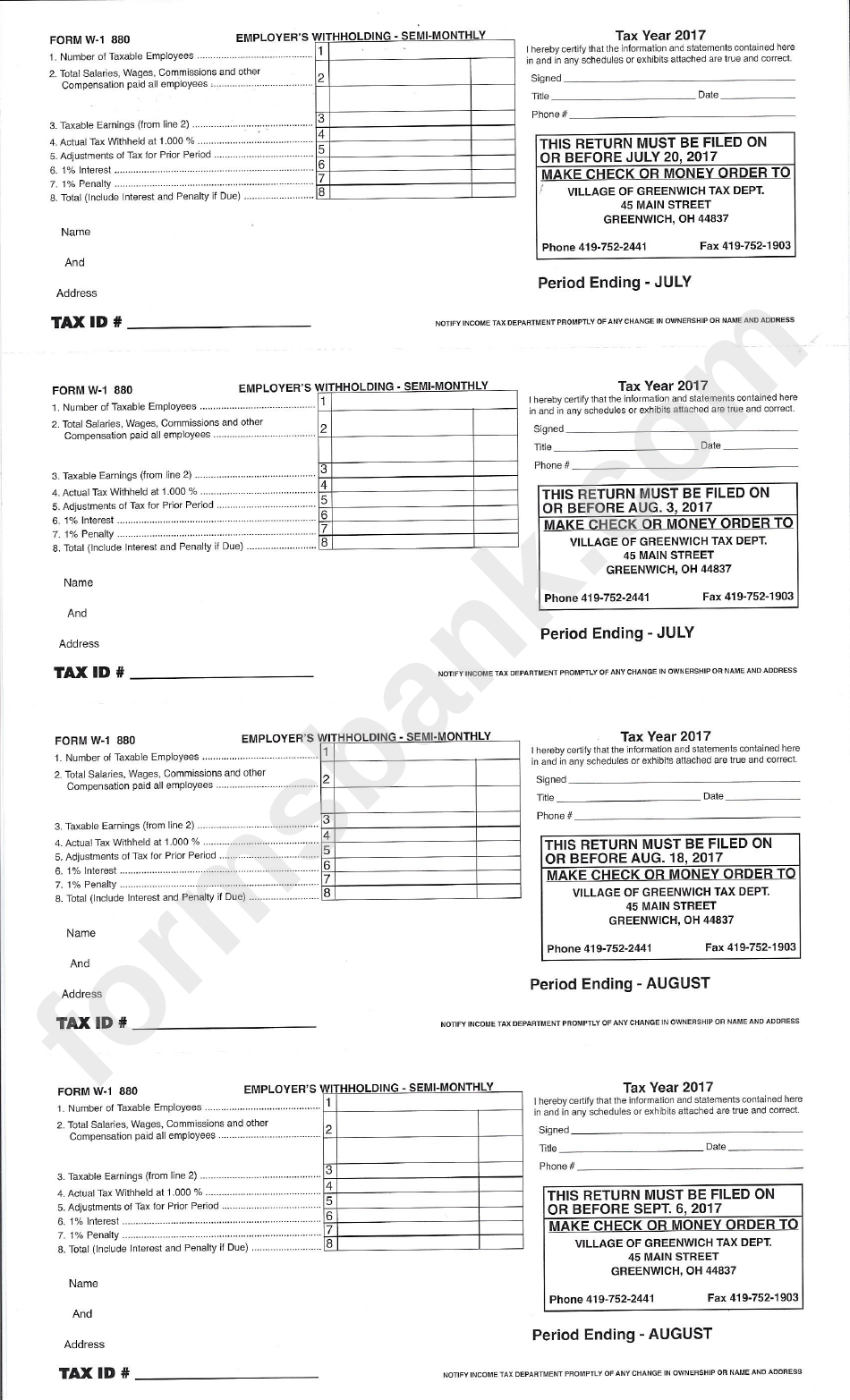 Form W-1 880 - Employers Withholding - Monthly Form