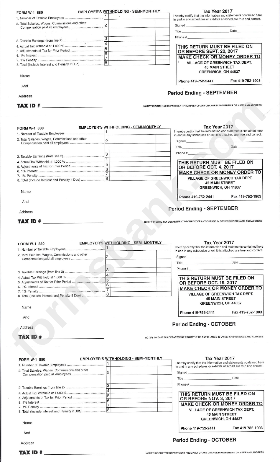 Form W-1 880 - Employers Withholding - Monthly Form