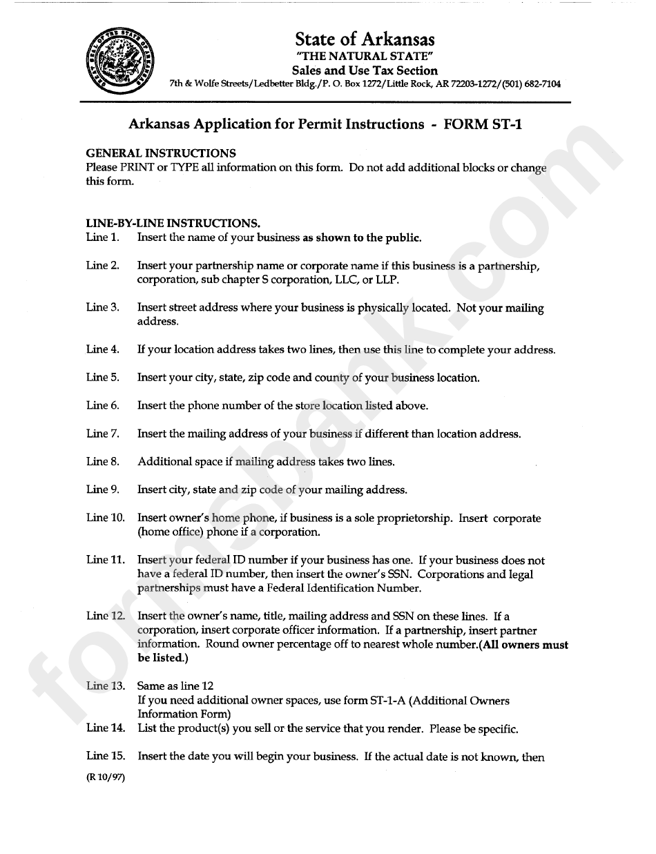 Form St-1 - Arkansas Application For Permit Instructions