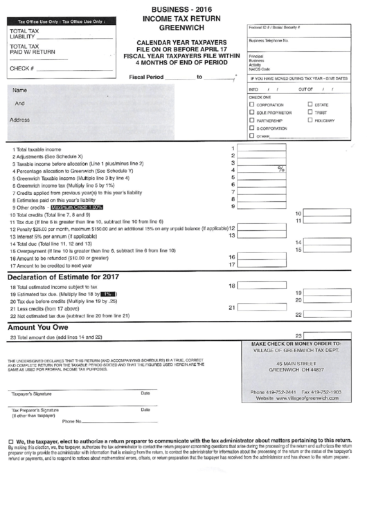 Business Income Tax Return Greenwich Form - 2016 printable pdf download