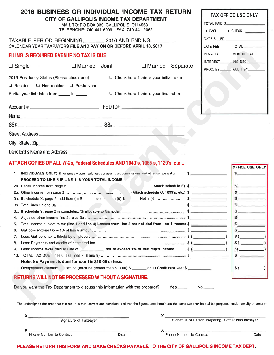 Businsess Or Individual Income Tax Return Form - 2016