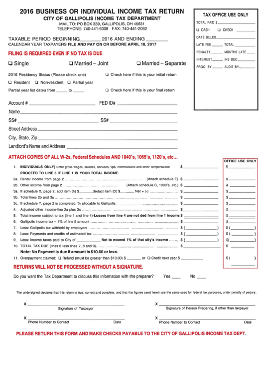 Businsess Or Individual Income Tax Return Form - 2016 Printable pdf
