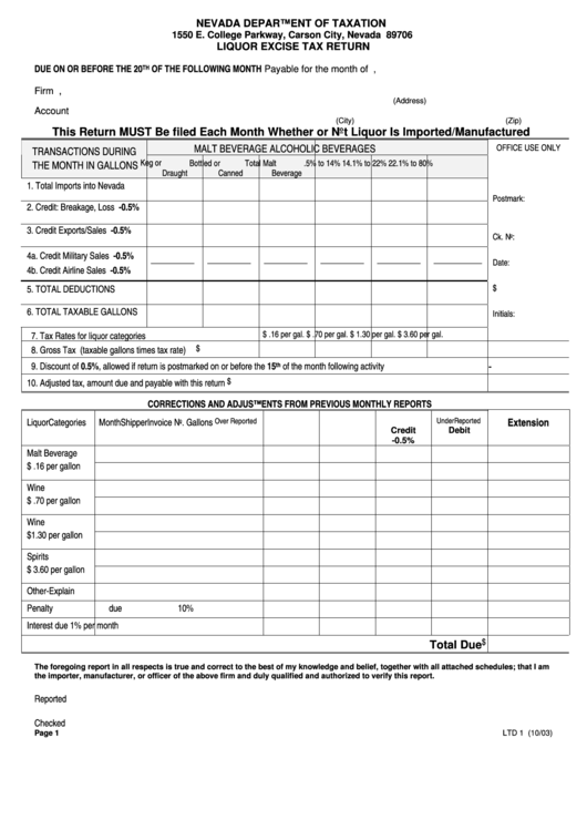 Form Ltd 1 - Liquor Excise Tax Return - Nevada Department Of Taxation printable pdf download