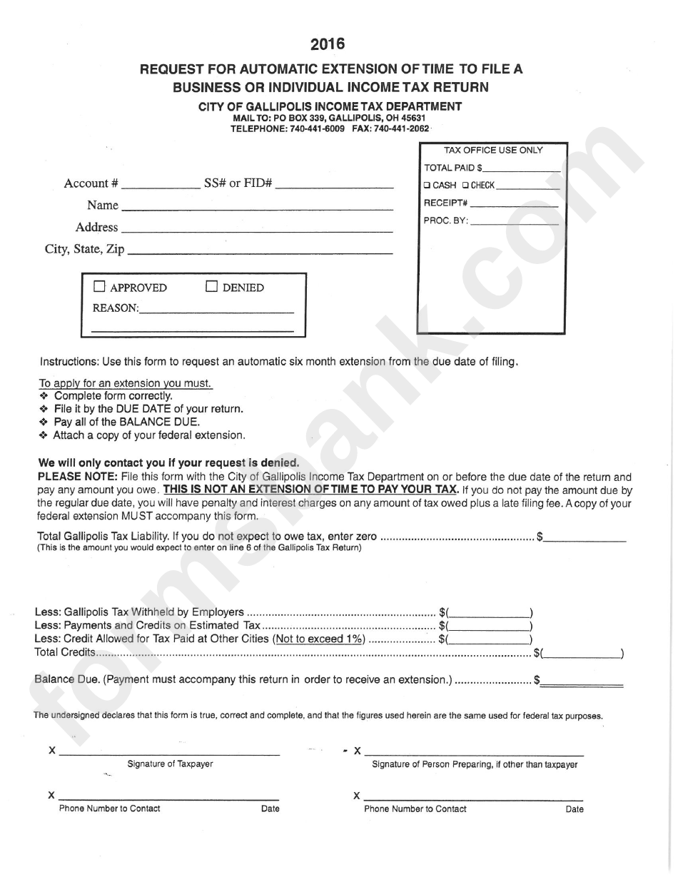 Request For Automatic Extension Of Time To File A Business Or Individual Income Tax Return Form - 2016