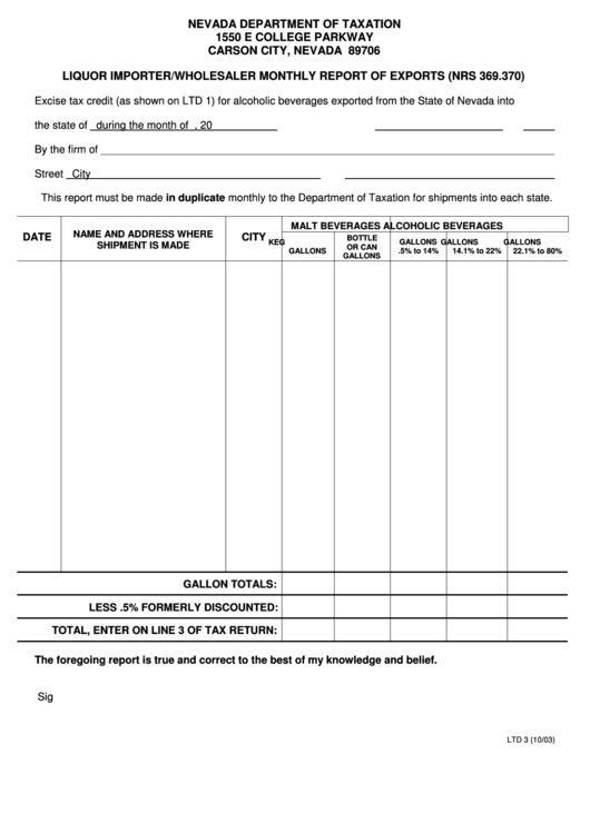 Form Ltd 3 - Liquor Importer/wholesaler Monthly Report Form Of Exports - Nevada Department Of Taxation Printable pdf