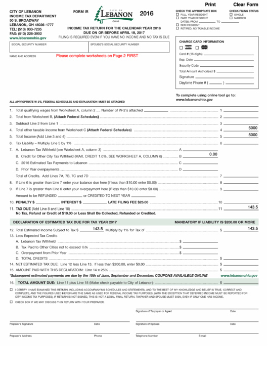 Fillable Form Ir - Income Tax Return - 2016 Printable pdf