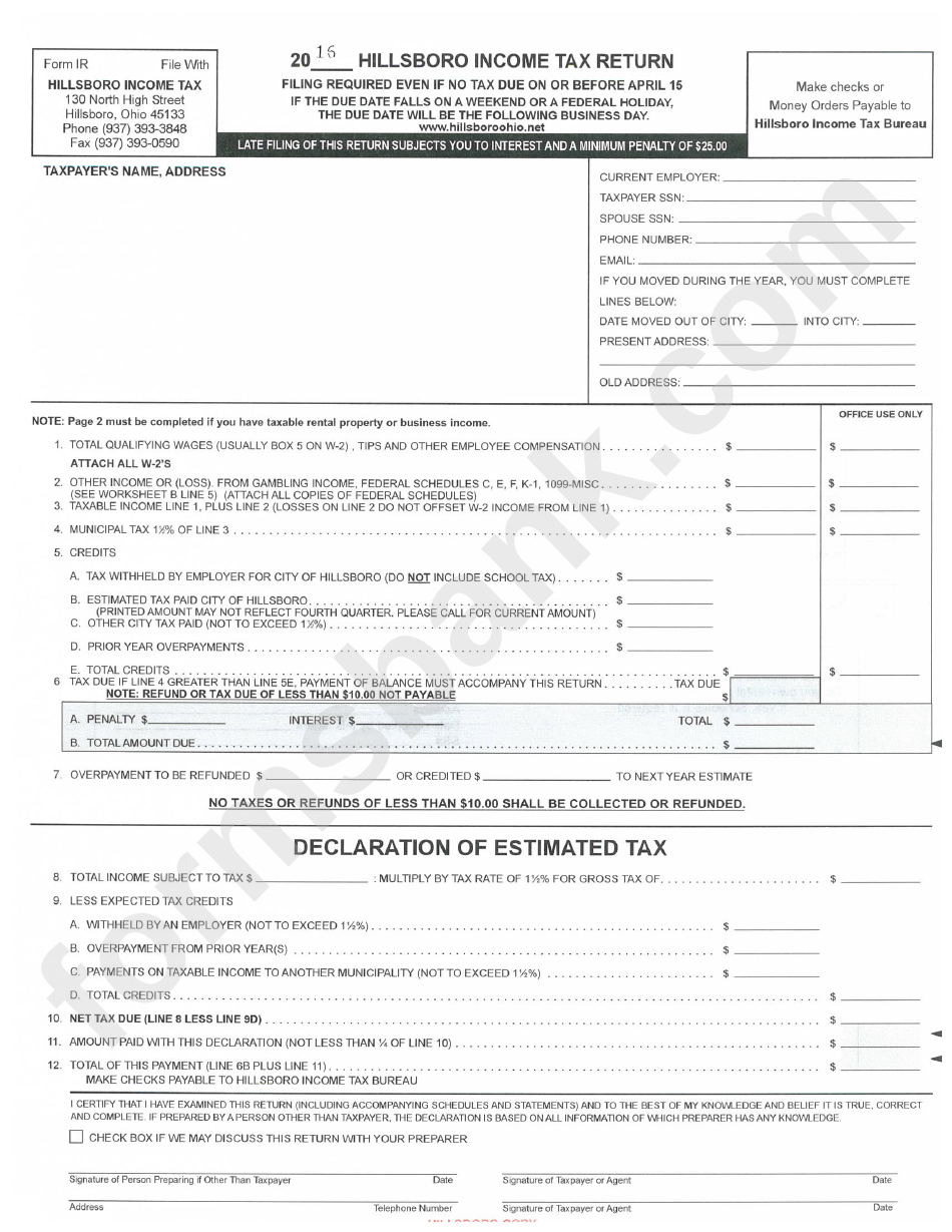 Form Ir - Hillsboro Income Tax Return Form - 2016