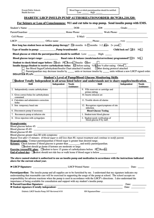 Diabetic Lhcp Insulin Pump Authorization/order Form Printable pdf