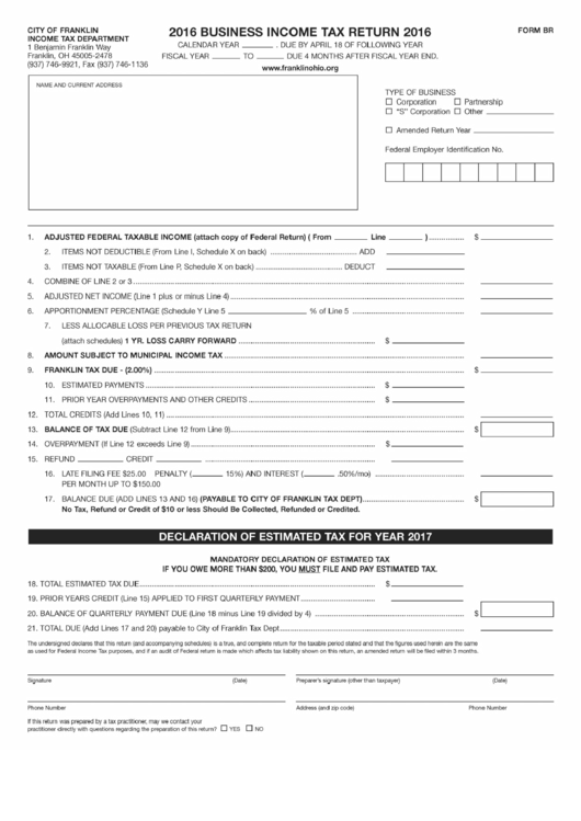 Form Br - Franklin Business Income Tax Return Form Printable pdf
